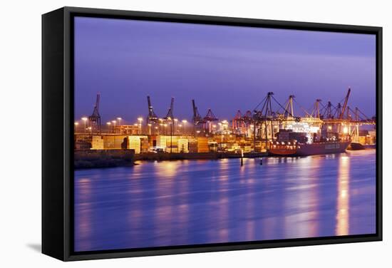 Container Terminal with Container Ship Hamburg-SŸd, Loading, Waltershof Harbour, Dusk, Altona-Axel Schmies-Framed Stretched Canvas