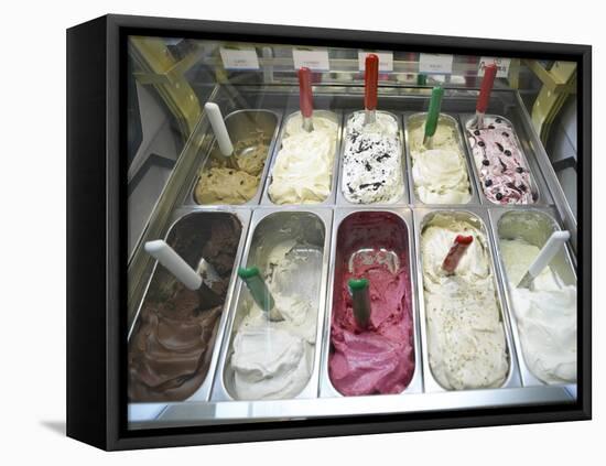 Containers of Gelato Displayed in Freezer-null-Framed Stretched Canvas