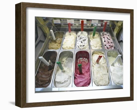 Containers of Gelato Displayed in Freezer-null-Framed Photographic Print