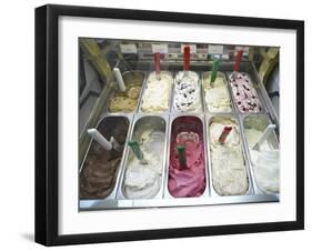 Containers of Gelato Displayed in Freezer-null-Framed Photographic Print