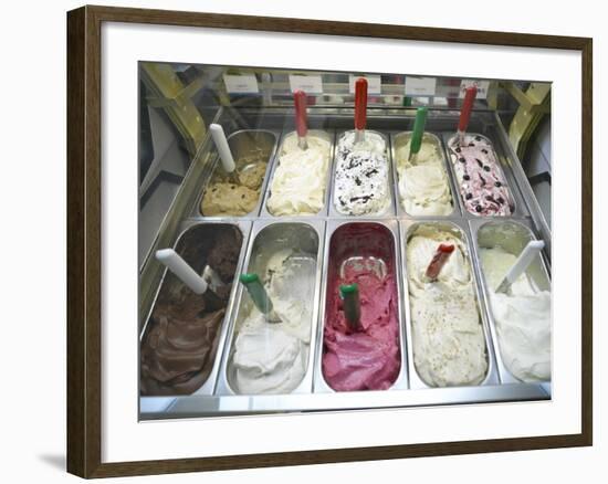 Containers of Gelato Displayed in Freezer-null-Framed Photographic Print