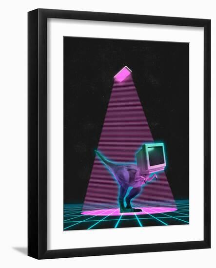 Contemporary Art Collage of Retro Dinosaur with Old Computer Screet Isoated over Dark Neon Backgrou-master1305-Framed Photographic Print