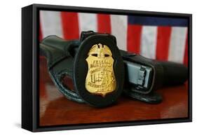 Contemporary FBI Badge and Gun with American Flag-null-Framed Stretched Canvas