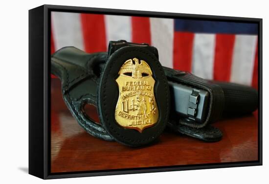 Contemporary FBI Badge and Gun with American Flag-null-Framed Stretched Canvas