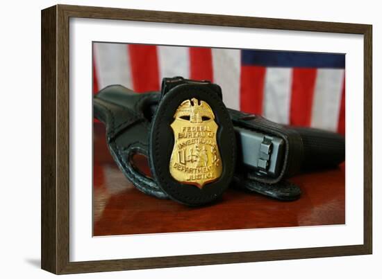 Contemporary FBI Badge and Gun with American Flag-null-Framed Photo