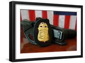 Contemporary FBI Badge and Gun with American Flag-null-Framed Photo