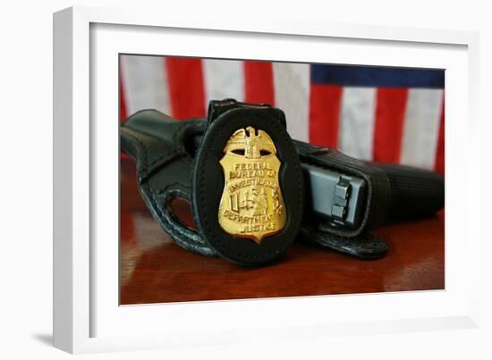 Contemporary FBI Badge and Gun with American Flag-null-Framed Photo