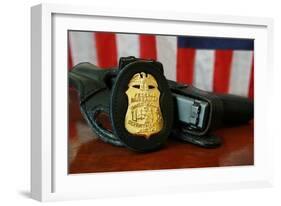 Contemporary FBI Badge and Gun with American Flag-null-Framed Photo