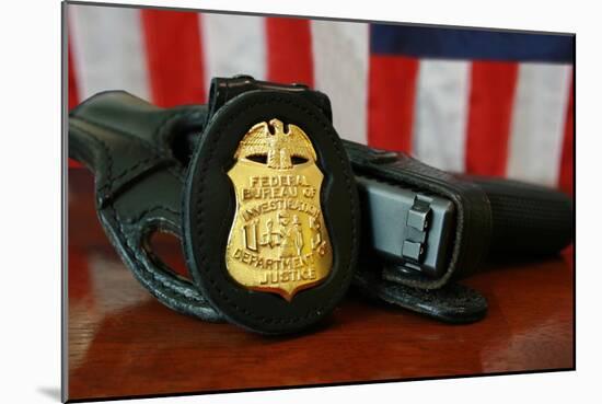 Contemporary FBI Badge and Gun with American Flag-null-Mounted Photo