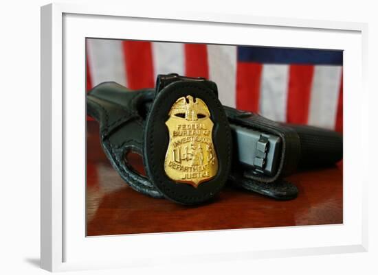 Contemporary FBI Badge and Gun with American Flag-null-Framed Photo