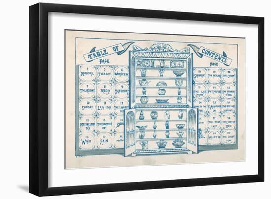 Contents Page, Based around an Open China Cabinet with Blue and White Tiles on Either Side-null-Framed Art Print