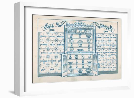 Contents Page, Based around an Open China Cabinet with Blue and White Tiles on Either Side-null-Framed Art Print