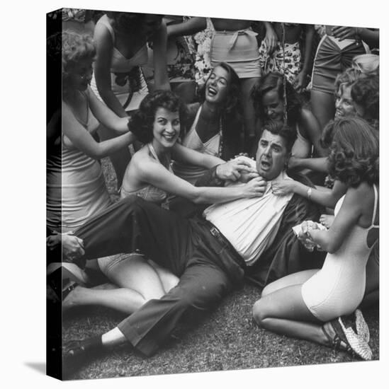 Contest Judge Ken Murray Being Wrestled to the Ground by Contestants in Beauty Pageant-Peter Stackpole-Stretched Canvas