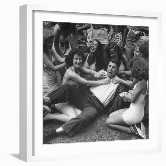 Contest Judge Ken Murray Being Wrestled to the Ground by Contestants in Beauty Pageant-Peter Stackpole-Framed Photographic Print