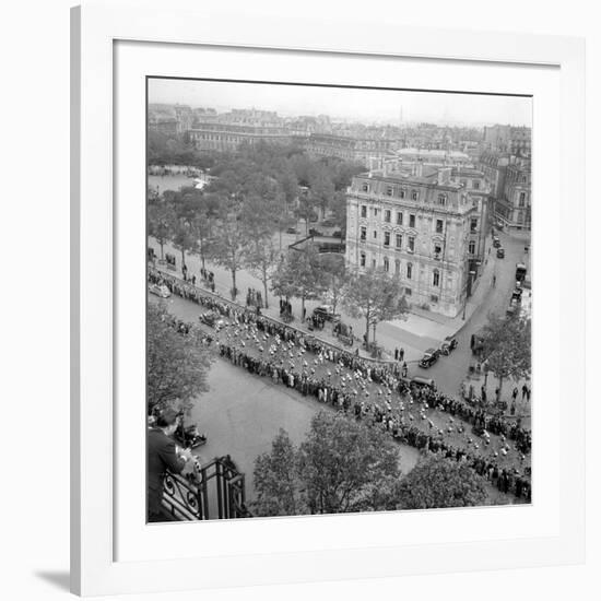 Contestants in the 1948 Tour De France Parade up the Champs Elysees-null-Framed Photographic Print