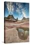 Contrail, Pool reflection and sandstone landscape, Vermillion Cliffs, White Pocket wilderness, Bure-Howie Garber-Stretched Canvas