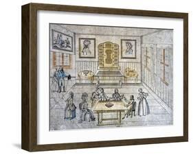 Conversation in Drawing Room, Drawing, Germany, 18th Century-null-Framed Giclee Print