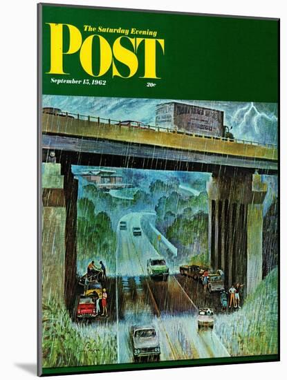 "Convertibles Take Cover in Rain," Saturday Evening Post Cover, September 15, 1962-John Falter-Mounted Giclee Print