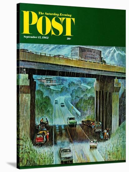 "Convertibles Take Cover in Rain," Saturday Evening Post Cover, September 15, 1962-John Falter-Stretched Canvas