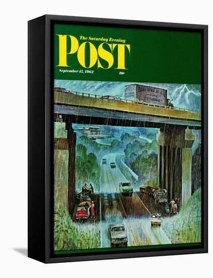 "Convertibles Take Cover in Rain," Saturday Evening Post Cover, September 15, 1962-John Falter-Framed Stretched Canvas