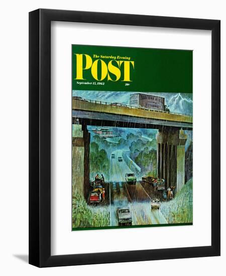 "Convertibles Take Cover in Rain," Saturday Evening Post Cover, September 15, 1962-John Falter-Framed Giclee Print