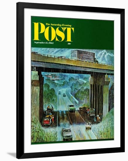 "Convertibles Take Cover in Rain," Saturday Evening Post Cover, September 15, 1962-John Falter-Framed Giclee Print