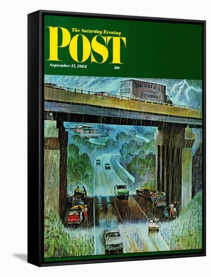 "Convertibles Take Cover in Rain," Saturday Evening Post Cover, September 15, 1962-John Falter-Framed Stretched Canvas