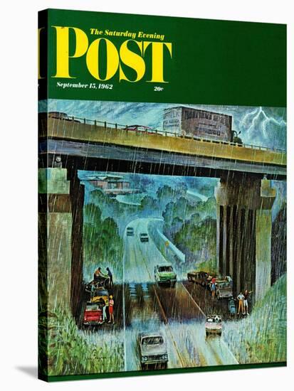 "Convertibles Take Cover in Rain," Saturday Evening Post Cover, September 15, 1962-John Falter-Stretched Canvas