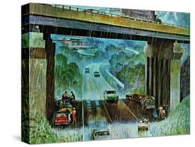 "Convertibles Take Cover in Rain," September 15, 1962-John Falter-Stretched Canvas