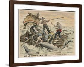 Convicted Robber Eddie Guerin Escaping from Devil's Island with Fellow-Cons Meets Sharks off Guyana-null-Framed Art Print