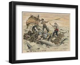 Convicted Robber Eddie Guerin Escaping from Devil's Island with Fellow-Cons Meets Sharks off Guyana-null-Framed Art Print