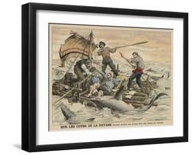 Convicted Robber Eddie Guerin Escaping from Devil's Island with Fellow-Cons Meets Sharks off Guyana-null-Framed Art Print