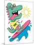 Cool, Cute Monster Crocodiles Character. Surfer, Surf, Surfboard-braingraph-Mounted Art Print