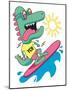 Cool, Cute Monster Crocodiles Character. Surfer, Surf, Surfboard-braingraph-Mounted Art Print