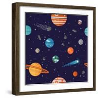 Cool Galaxy Planets and Stars Space Vector Flat Seamless Pattern with Earth, Moon, Venus, Mars, Jup-Mascha Tace-Framed Art Print