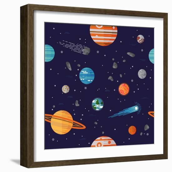 Cool Galaxy Planets and Stars Space Vector Flat Seamless Pattern with Earth, Moon, Venus, Mars, Jup-Mascha Tace-Framed Art Print