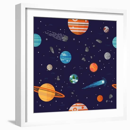 Cool Galaxy Planets and Stars Space Vector Flat Seamless Pattern with Earth, Moon, Venus, Mars, Jup-Mascha Tace-Framed Art Print