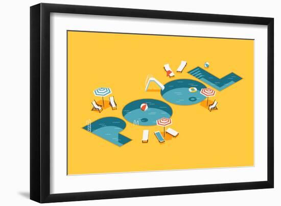 Cool Vector Creative Concept Design on Isometric Letters Shaped Swimming Pool with Chaise Lounges,-Mascha Tace-Framed Art Print