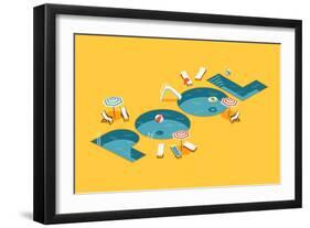 Cool Vector Creative Concept Design on Isometric Letters Shaped Swimming Pool with Chaise Lounges,-Mascha Tace-Framed Art Print