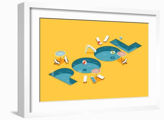 Cool Vector Creative Concept Design on Isometric Letters Shaped Swimming Pool with Chaise Lounges,-Mascha Tace-Framed Art Print