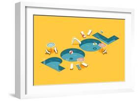 Cool Vector Creative Concept Design on Isometric Letters Shaped Swimming Pool with Chaise Lounges,-Mascha Tace-Framed Art Print