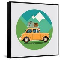 Cool Vector Flat Design Modern Retro Car with Suitcases Luggage on Roof Rack. Tourism Design Elemen-Mascha Tace-Framed Stretched Canvas