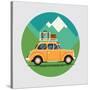 Cool Vector Flat Design Modern Retro Car with Suitcases Luggage on Roof Rack. Tourism Design Elemen-Mascha Tace-Stretched Canvas