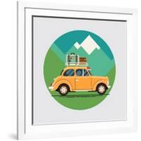 Cool Vector Flat Design Modern Retro Car with Suitcases Luggage on Roof Rack. Tourism Design Elemen-Mascha Tace-Framed Art Print