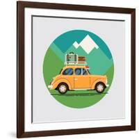 Cool Vector Flat Design Modern Retro Car with Suitcases Luggage on Roof Rack. Tourism Design Elemen-Mascha Tace-Framed Art Print