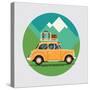 Cool Vector Flat Design Modern Retro Car with Suitcases Luggage on Roof Rack. Tourism Design Elemen-Mascha Tace-Stretched Canvas