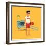 Cool Vector Modern Flat Character Design on Young Male Lifeguard Standing Full Length Holding Rescu-Mascha Tace-Framed Art Print