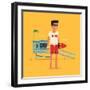 Cool Vector Modern Flat Character Design on Young Male Lifeguard Standing Full Length Holding Rescu-Mascha Tace-Framed Art Print