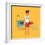 Cool Vector Modern Flat Character Design on Young Male Lifeguard Standing Full Length Holding Rescu-Mascha Tace-Framed Art Print