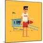 Cool Vector Modern Flat Character Design on Young Male Lifeguard Standing Full Length Holding Rescu-Mascha Tace-Mounted Art Print